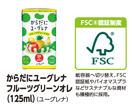 からだにユーグレナ フルーツグリーンオレ (125ml) (ユーグレナ) [FSC®認証制度]紙容器へ切り替え、FSC認証紙やバイオマスプラなどサステナブルな資材も積極的に採用。