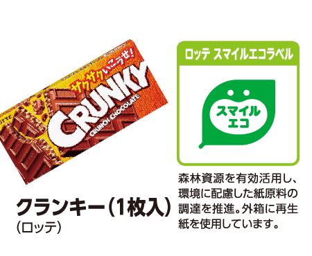 クランキー (1枚入) (ロッテ) [ロッテ スマイルエコラベル]森林資源を有効活用し、環境に配慮した紙原料の調達を推進。外箱に再生紙を使用しています。