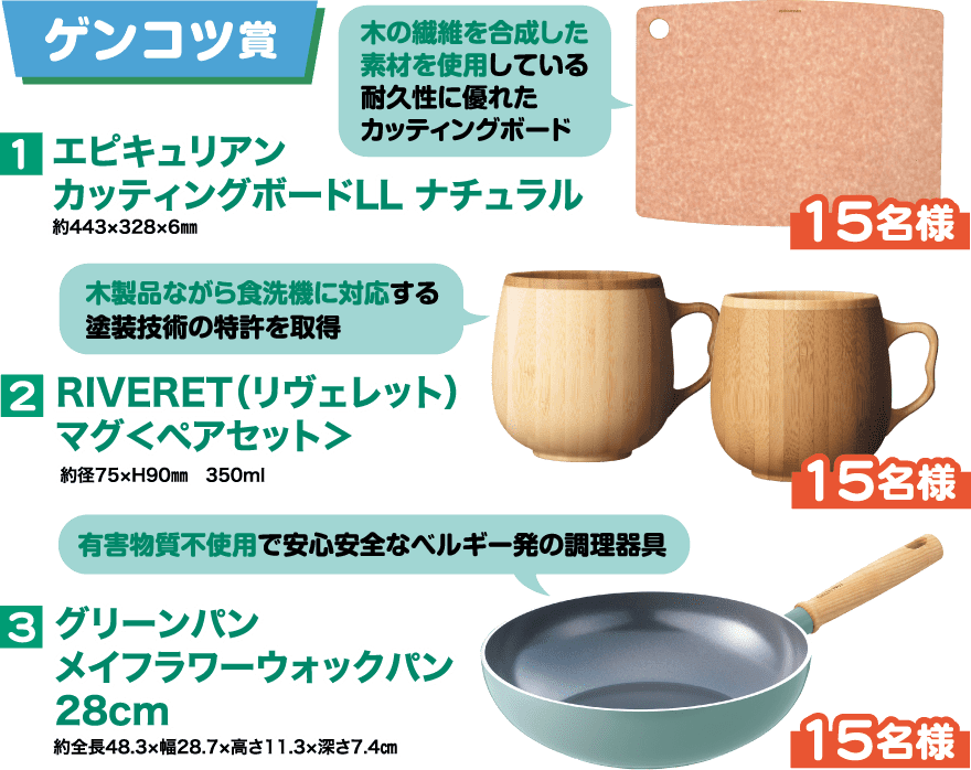 ゲンコツ賞 【1】エピキュリアン カッティングボードLL ナチュラル 15名様 約443×328×6mm 木の繊維を合成した素材を使用している耐久性に優れたカッティングボード【2】RIVERET（リヴェレット） マグ＜ペアセット＞ 15名様 木製品ながら食洗機に対応する塗装技術の特許を取得【3】グリーンパン メイフラワーウォックパン 28cm 15名様 約全長48.3×幅28.7×高さ11.3×深さ7.4cm 有害物質不使用で安心安全なベルギー発の調理器具