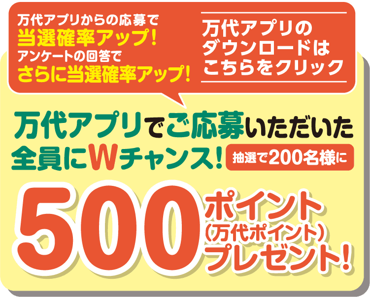 万代アプリからの応募で当選確率アップ! アンケートの回答でさらに当選確率アップ! 万代アプリのダウンロードはこちらをクリック 万代アプリでご応募いただいた全員にWチャンス! 抽選で200名様に 500ポイント(万代ポイント)プレゼント!